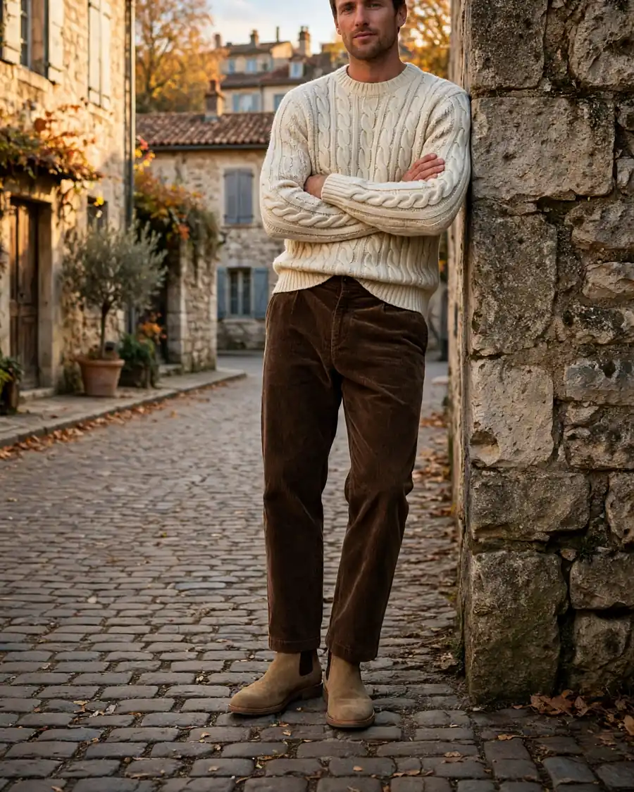 Tan suede Chelsea boots with chocolate corduroy trousers and cream cable-knit sweater