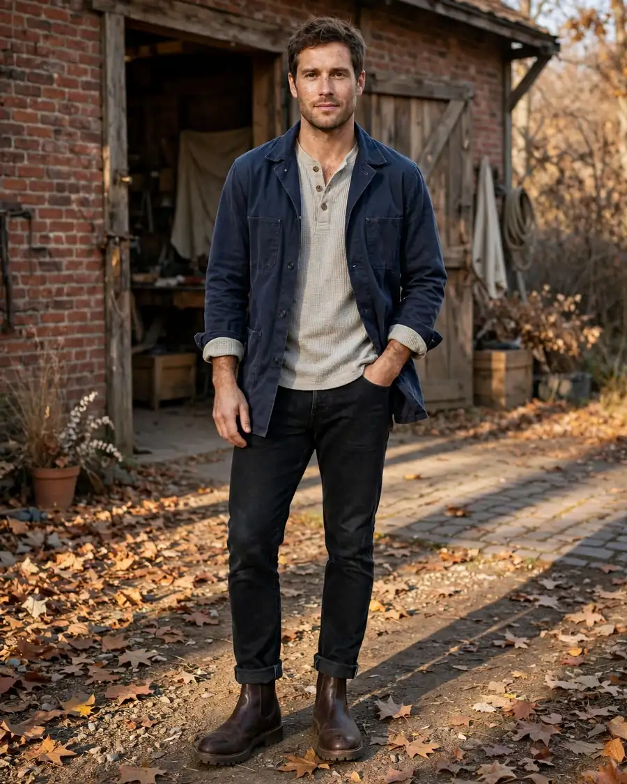 Dark brown Chelsea boots with navy chore coat, thermal henley and black jeans