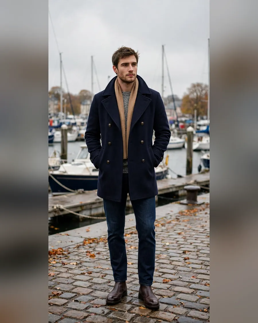 Dark brown leather Chelsea boots with navy peacoat, grey sweater and camel scarf