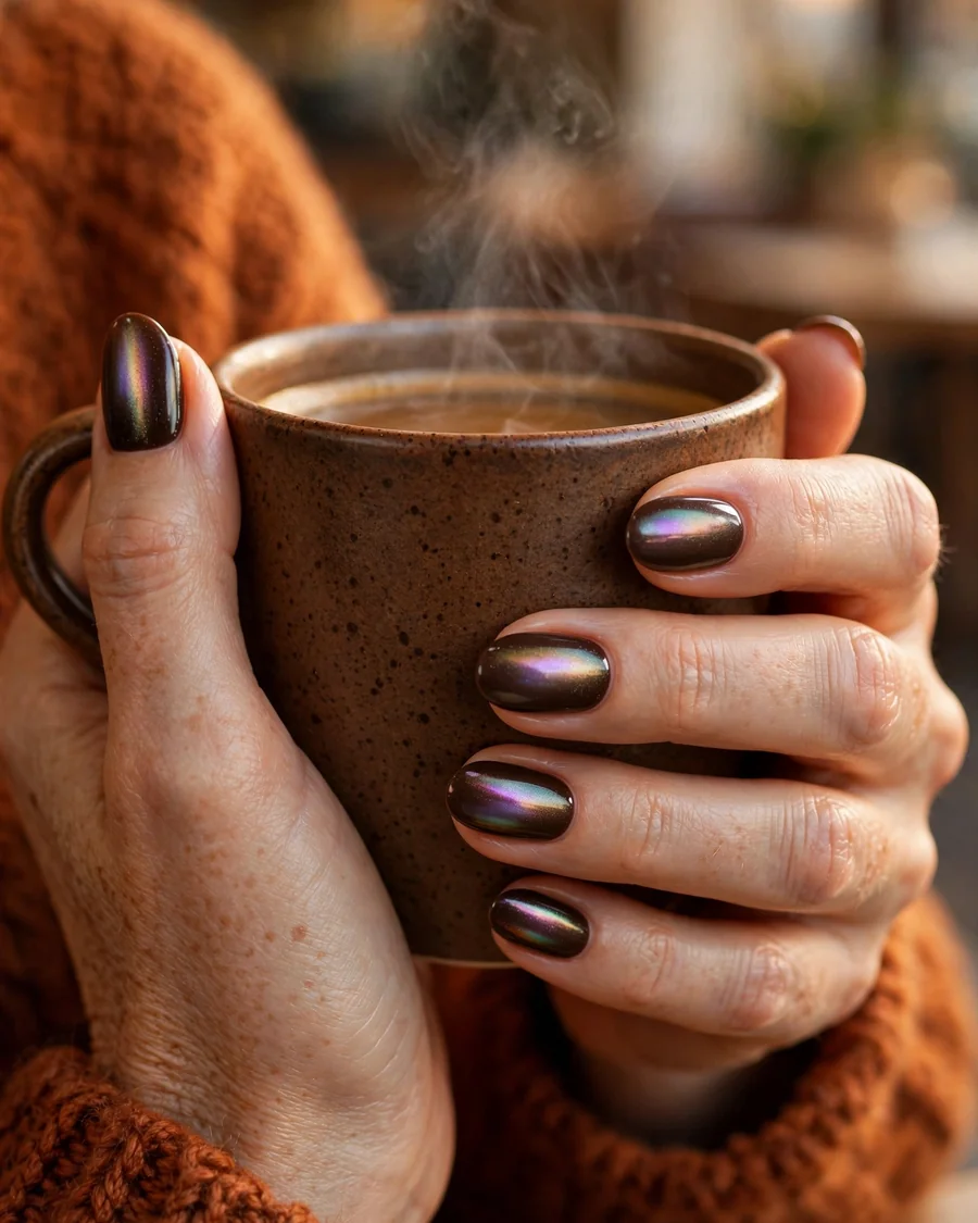 Espresso glazed donut chrome nails with pearl aurora sheen over chocolate brown, fall 2026 chrome nail designs