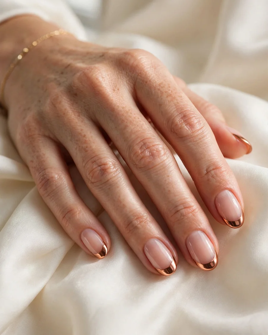 Copper penny chrome French tip nails on sheer nude pink base, fall chrome nail designs 2026