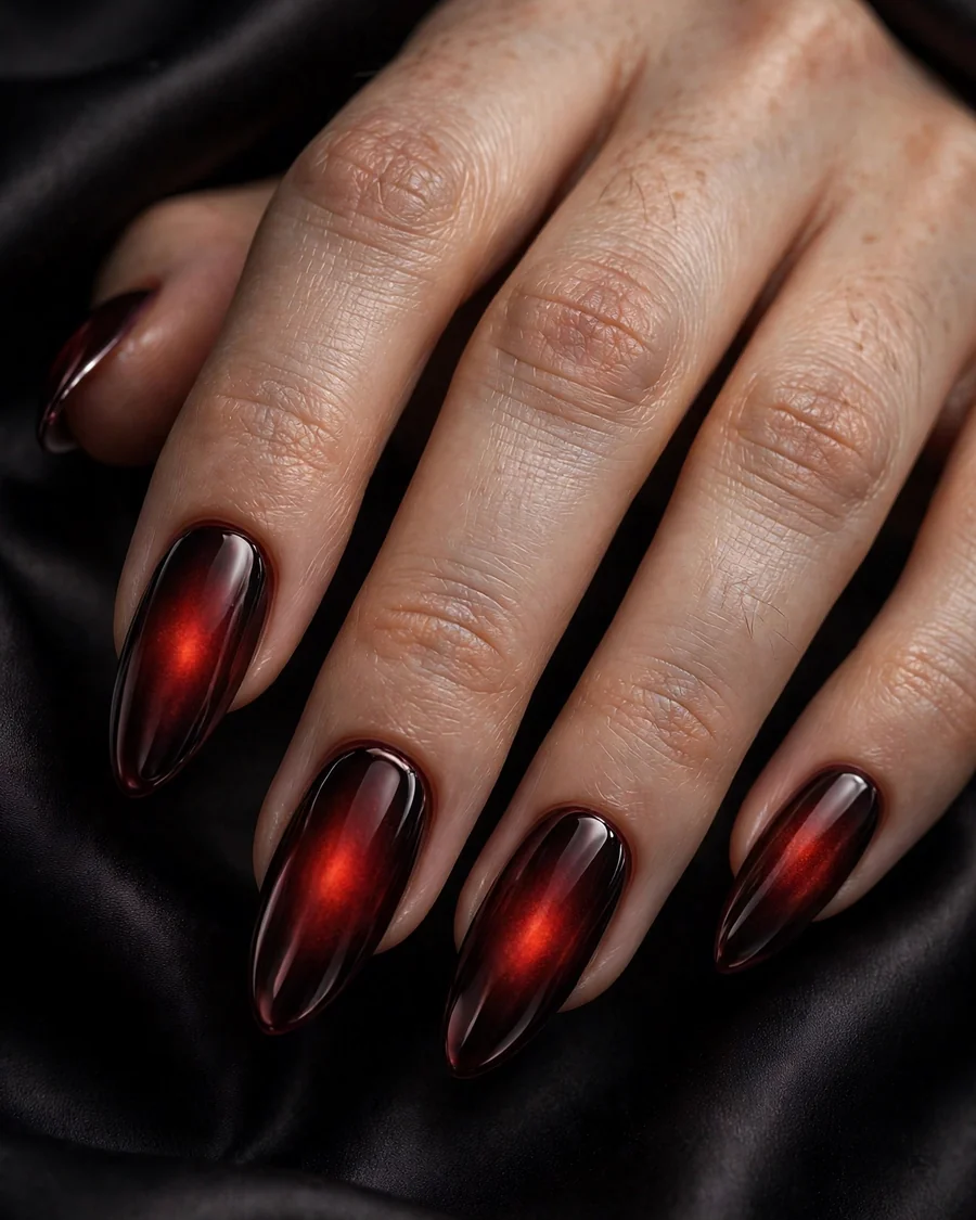 Burgundy aura chrome nails with glowing ember-red center and molten chrome finish, fall 2026