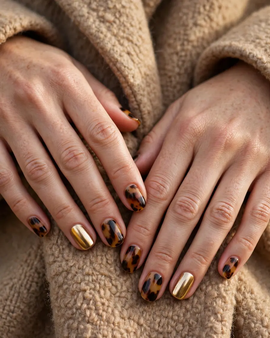 Tortoiseshell nails with gold chrome accent nails, fall tortoise chrome nail designs 2026