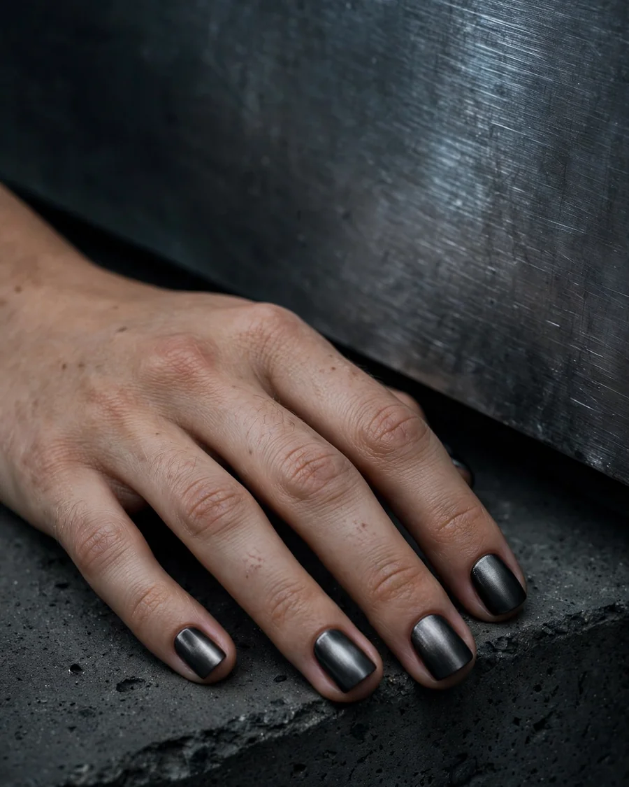 Matte gunmetal blackened chrome nails on short square nails, dark chrome nails fall 2026