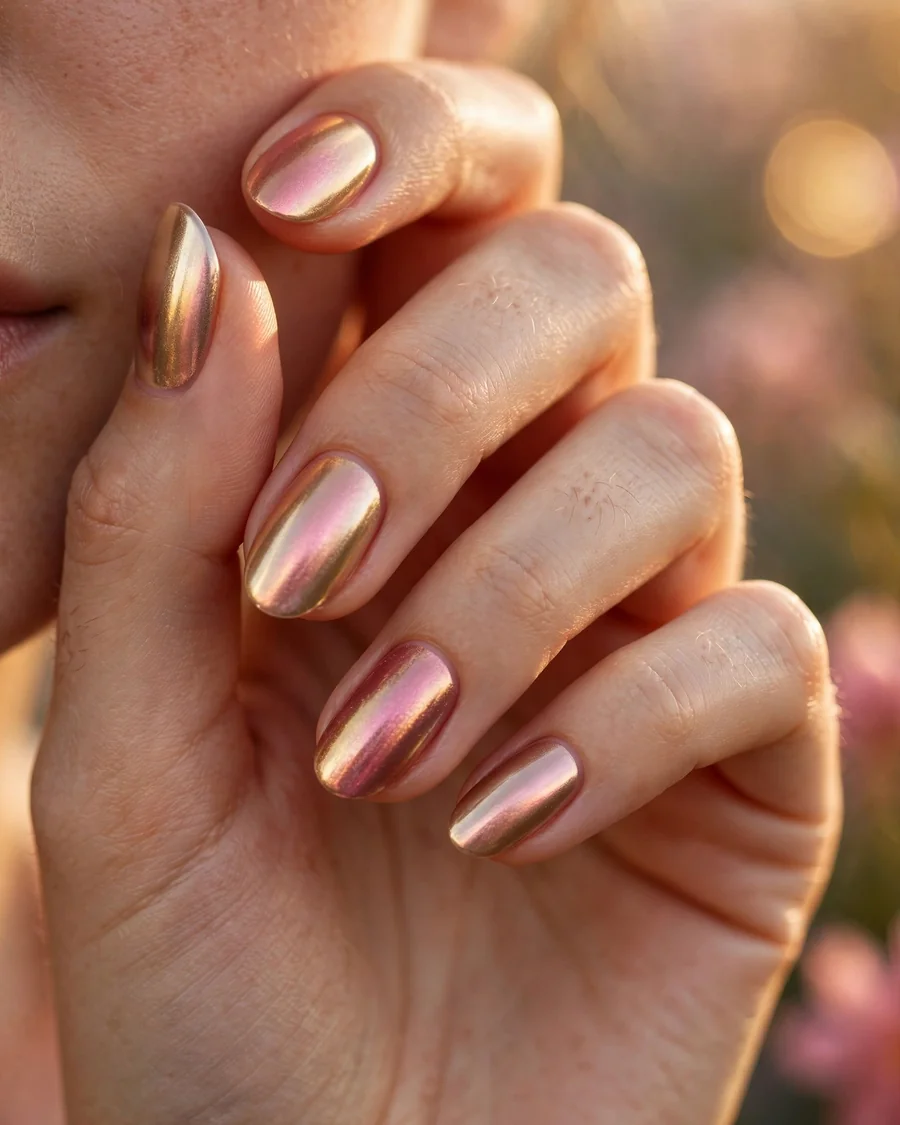 Champagne rose duochrome nails shifting between pink and gold, fall chrome nails 2026