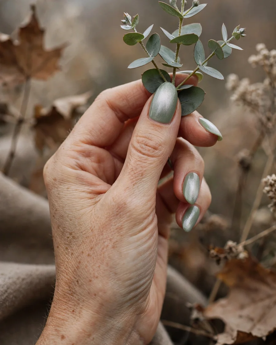 Frosted sage chrome nails with icy pearl sheen over sage green, fall chrome nail designs
