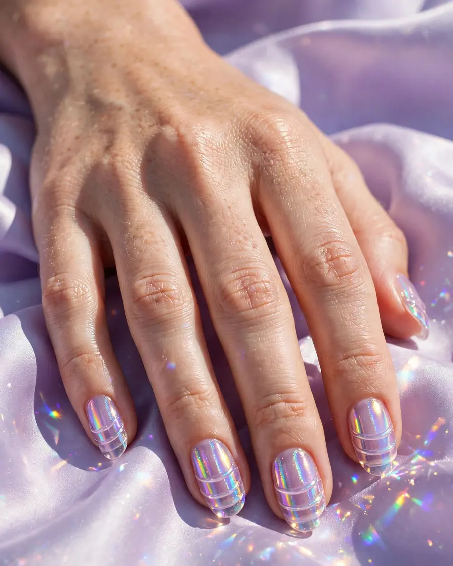 Lilac jelly chrome nails with holographic iridescent sheen and stained-glass effect, fall 2026