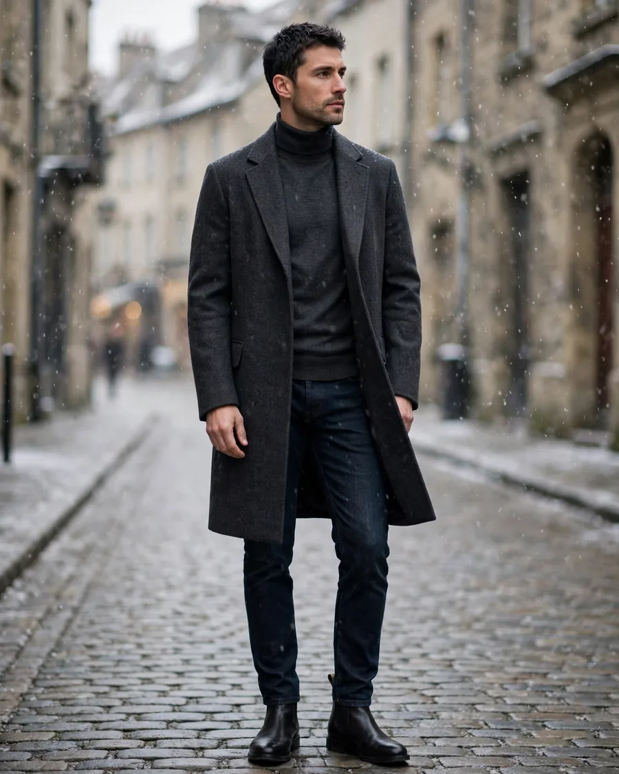 Man wearing a charcoal single-breasted wool overcoat open over a turtleneck on a snowy street