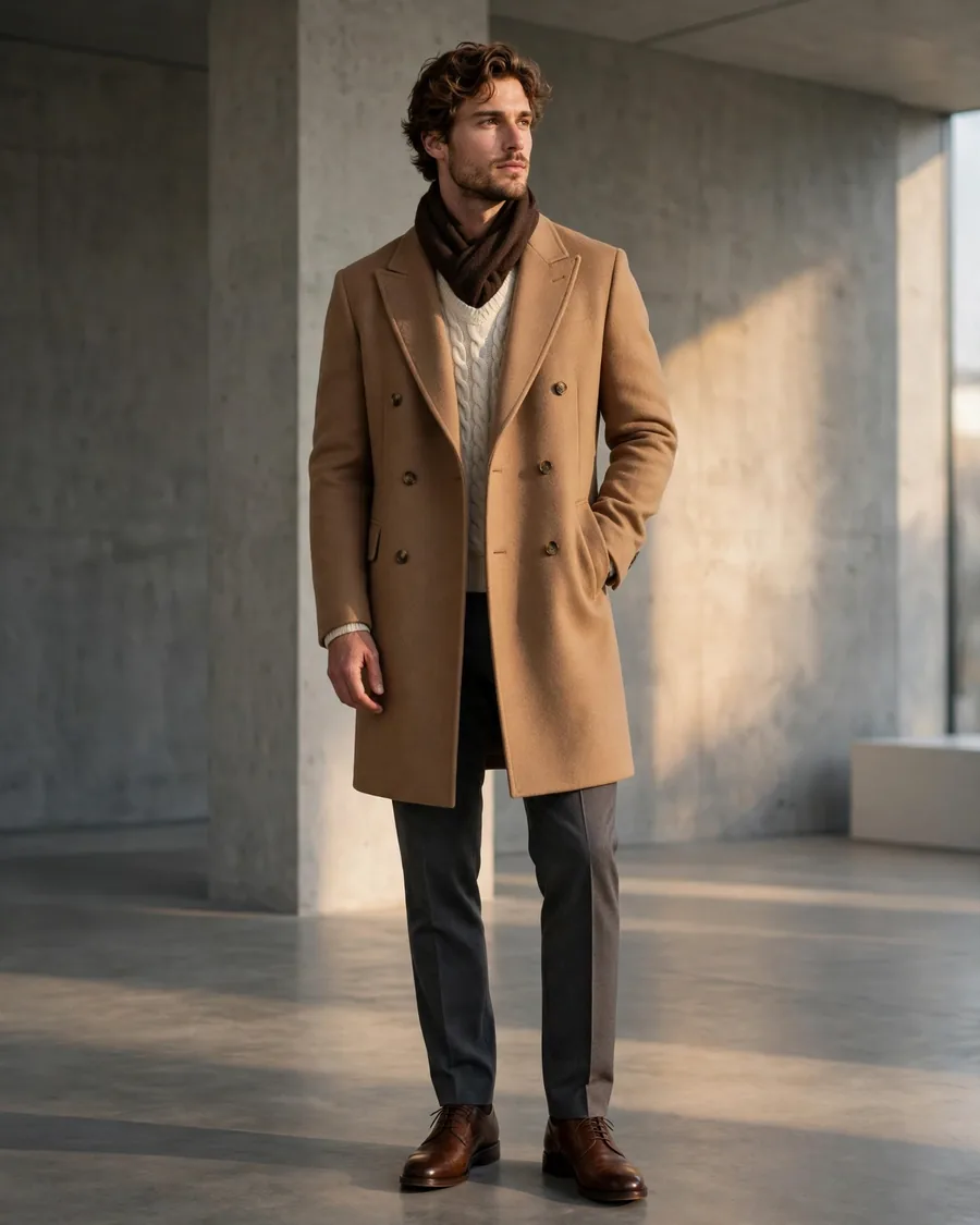Camel double-breasted wool coat with peaked lapels styled over a cream cable-knit sweater