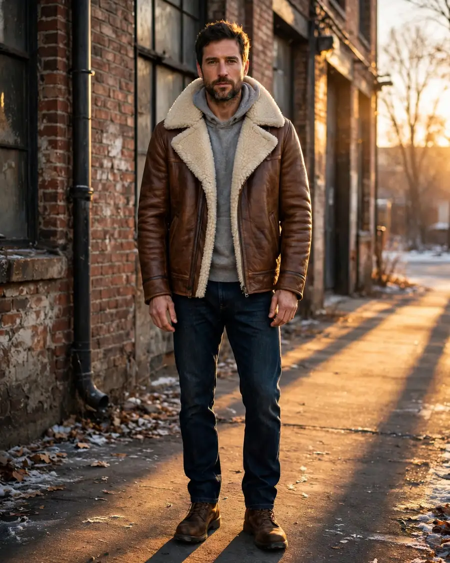 Brown leather shearling-lined aviator jacket with popped collar worn over a gray hoodie