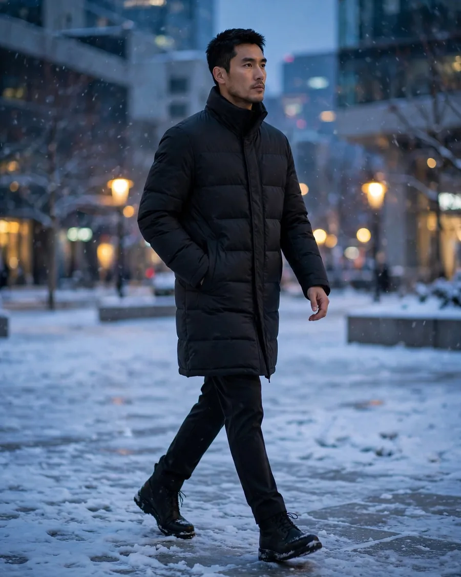 Knee-length matte black down puffer coat with high collar in a snowy city plaza at dusk