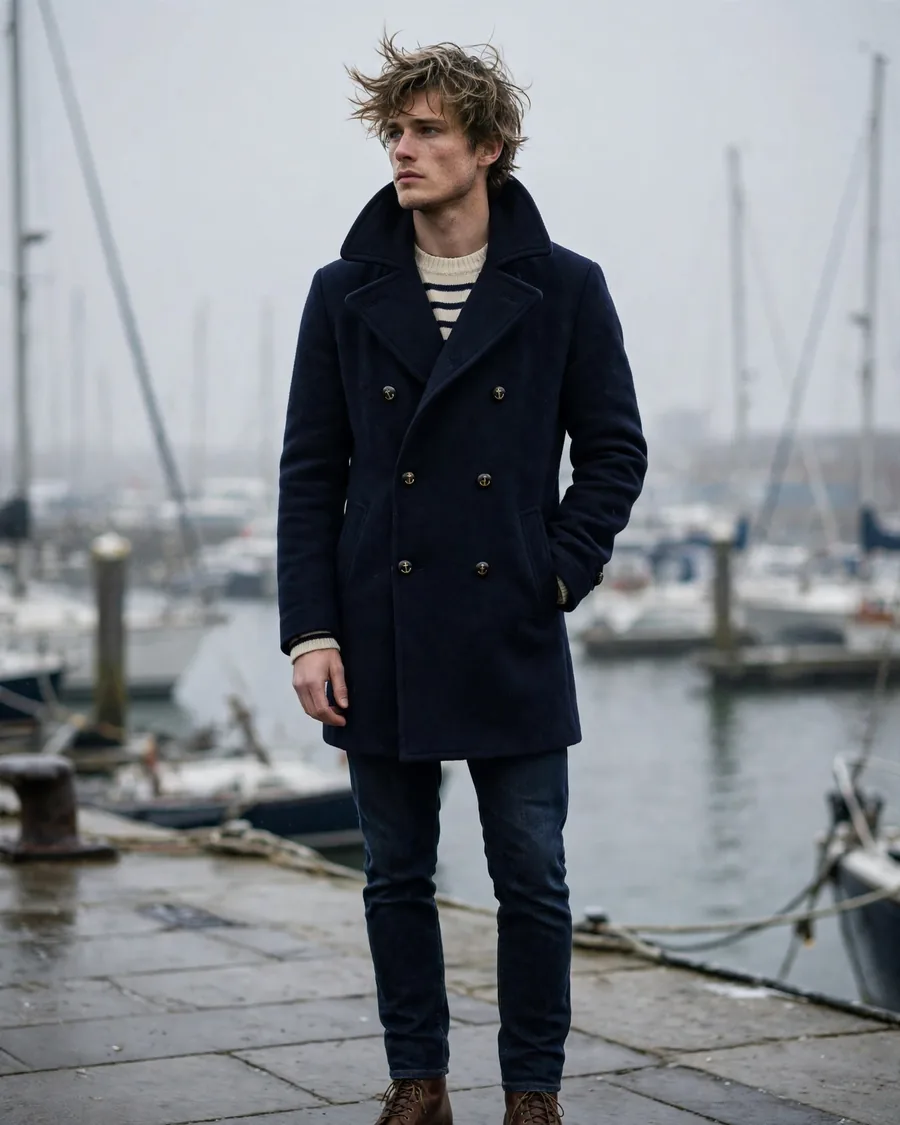 Navy double-breasted wool peacoat with anchor buttons over a Breton stripe sweater at a harbor