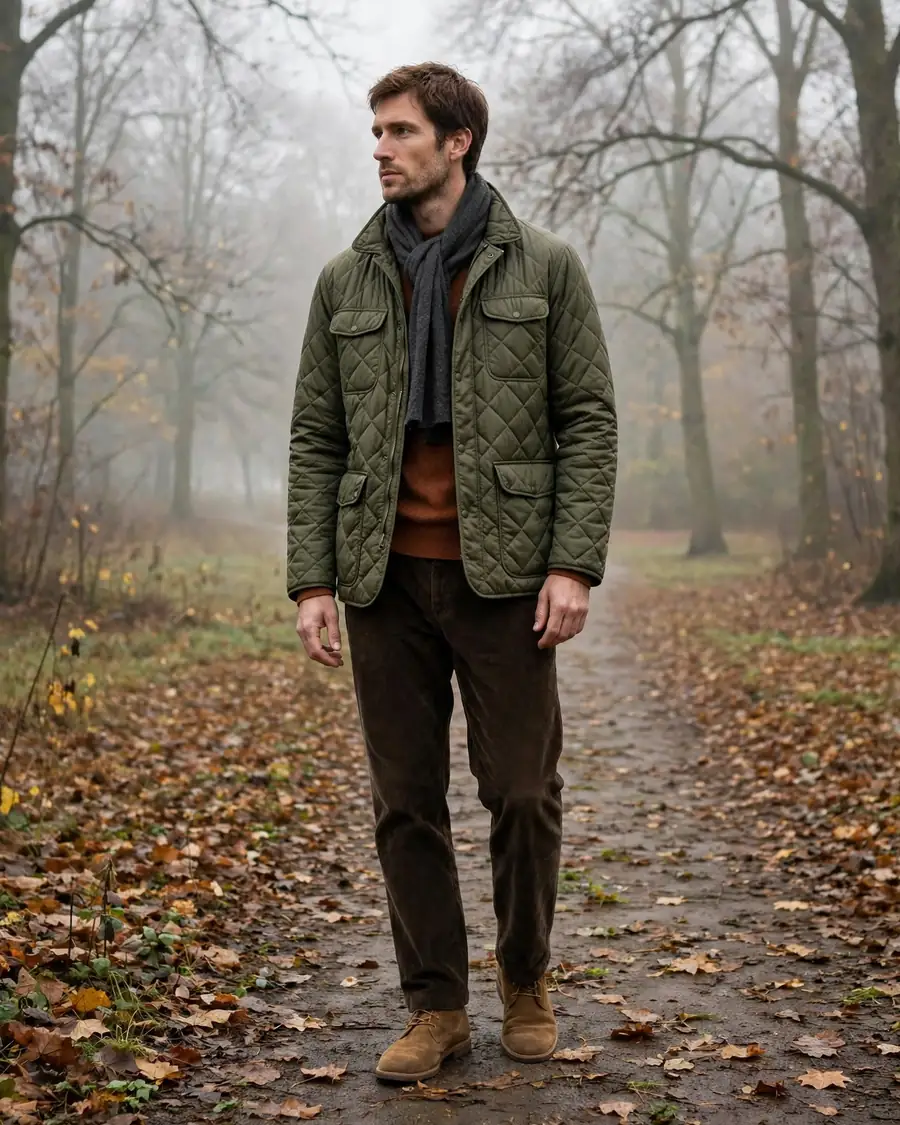 Olive diamond-quilted field jacket with bellows pockets over a rust sweater in a foggy park