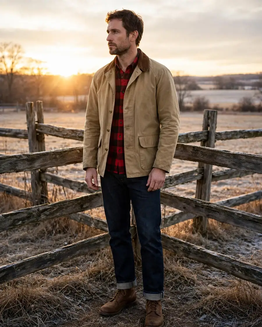 Tan waxed canvas barn jacket with corduroy collar over buffalo plaid flannel in a winter field