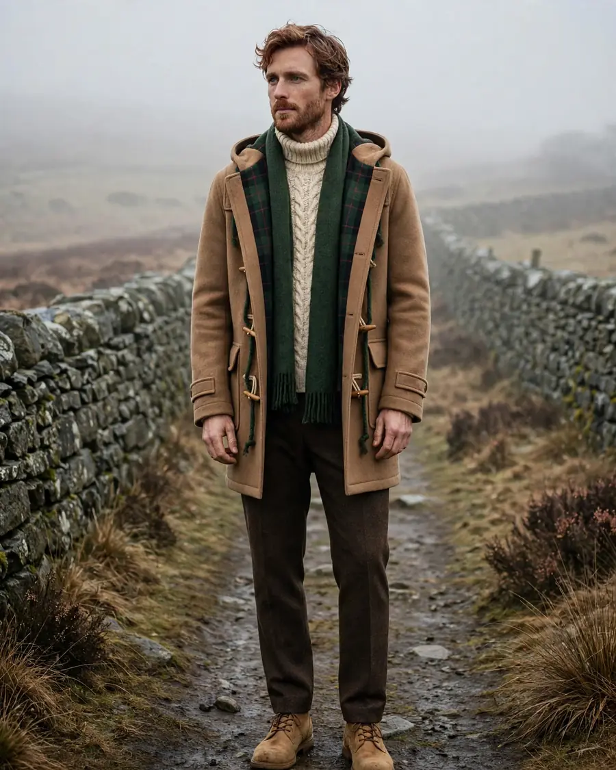 Camel wool duffle coat with wooden toggles and tartan lining over a cream roll-neck sweater