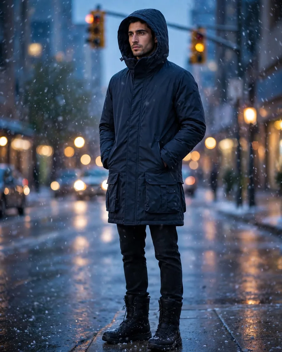 Matte navy hooded winter parka with hood up in falling snow on a city street at blue hour