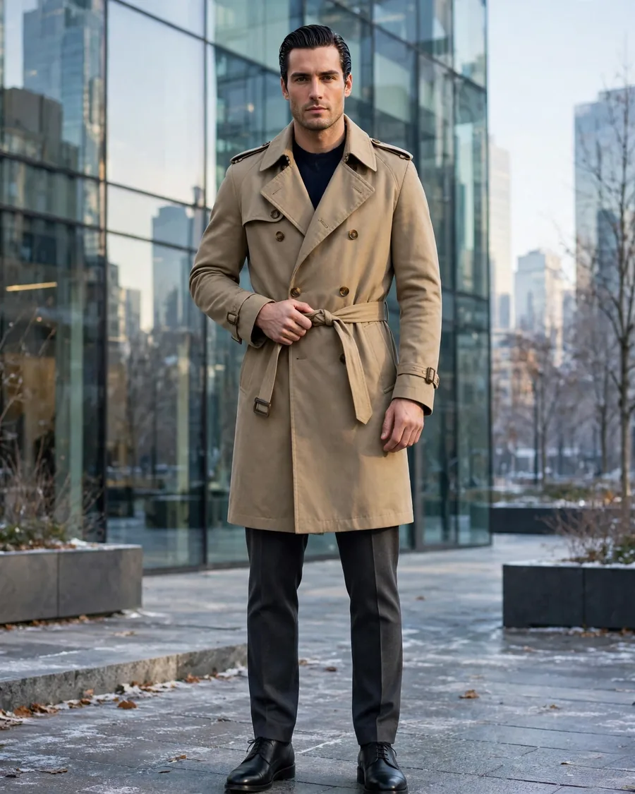 Khaki belted wool trench coat with storm flap and epaulettes over a navy sweater