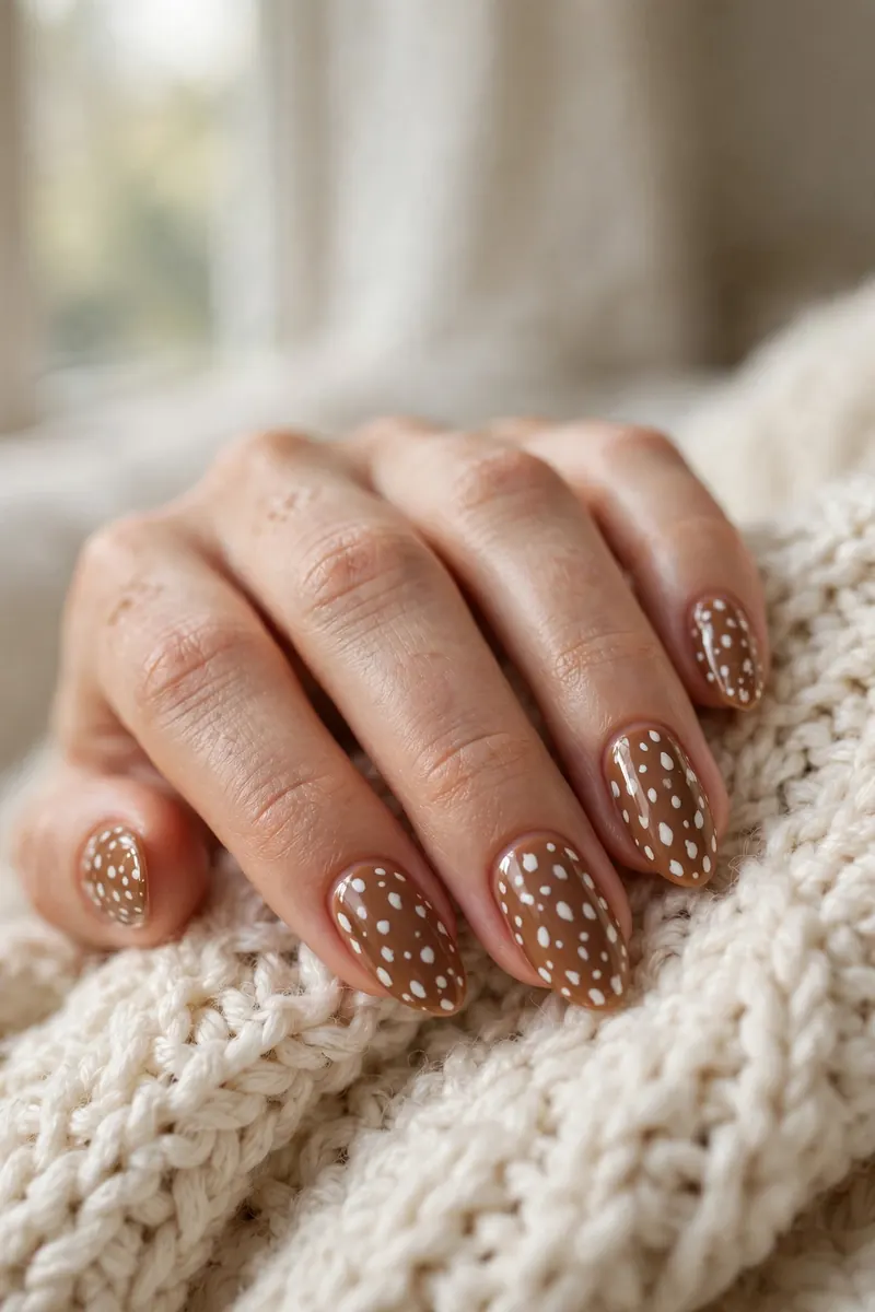 Classic caramel bambi nails with cream fawn spots