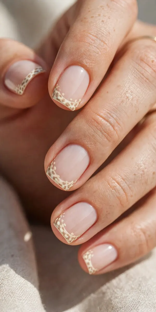 Short square fawn tip nails — spotted French manicure