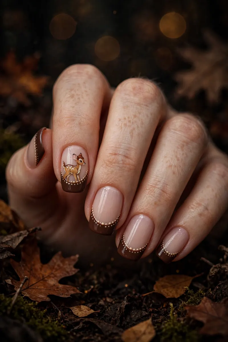 Chocolate bambi French tip nails with cream spots