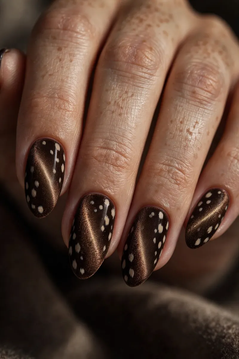 Velvet cat eye bambi nails — brown magnetic polish with fawn spots