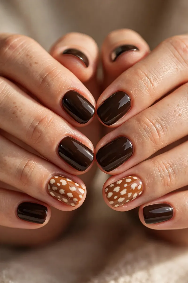 Espresso nails with caramel bambi accent nail