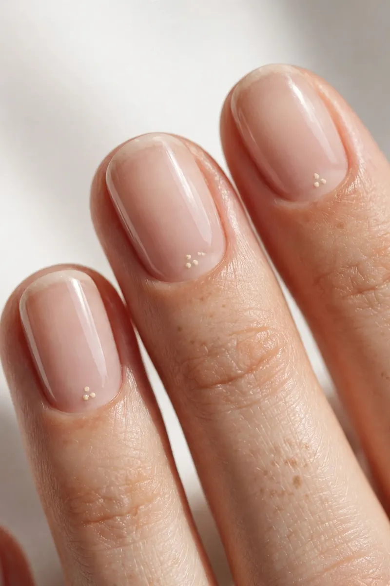 Minimal nude fawn nails — sheer base with tiny spots