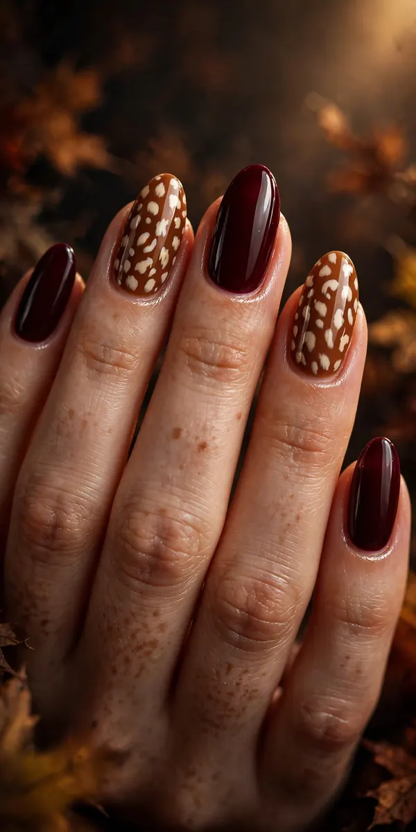 Burgundy and caramel bambi mix nails