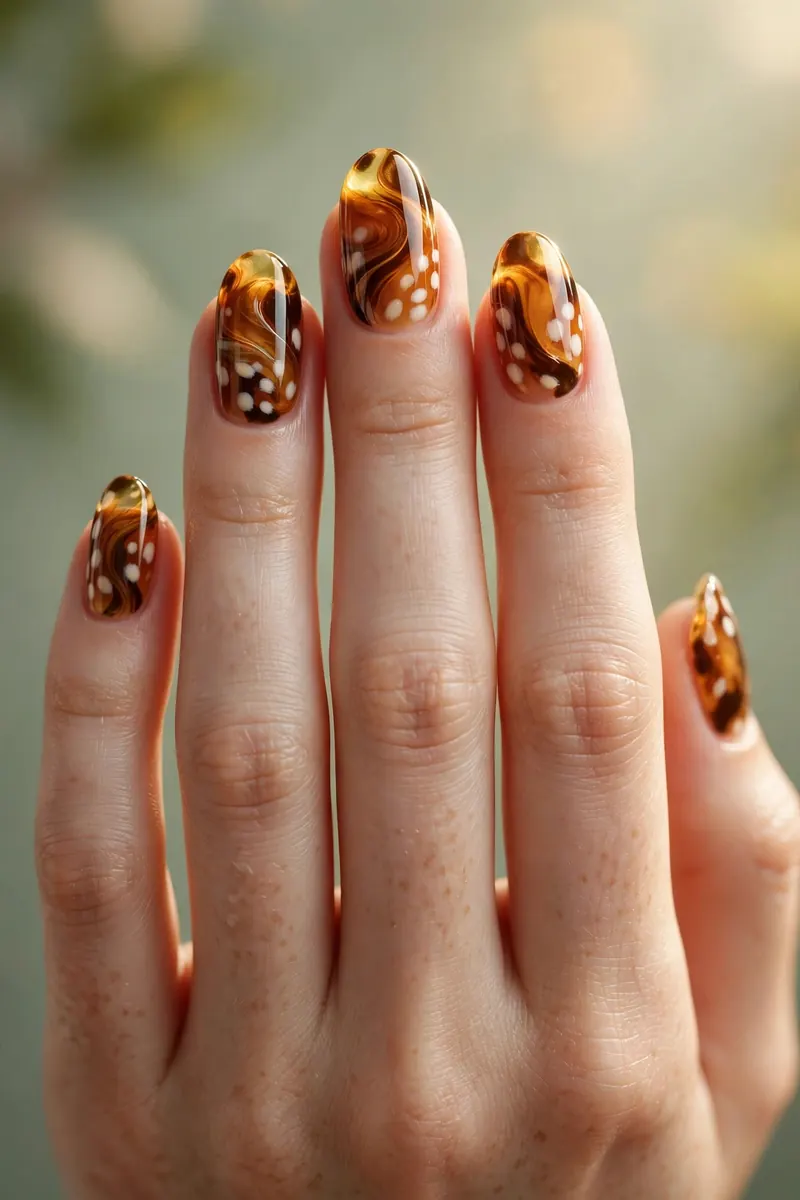 Tortoiseshell bambi nails — amber tortie with cream spots