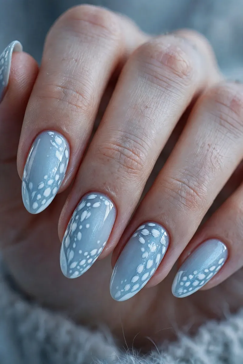 Icy blue bambi nails — frosty blue with white spots
