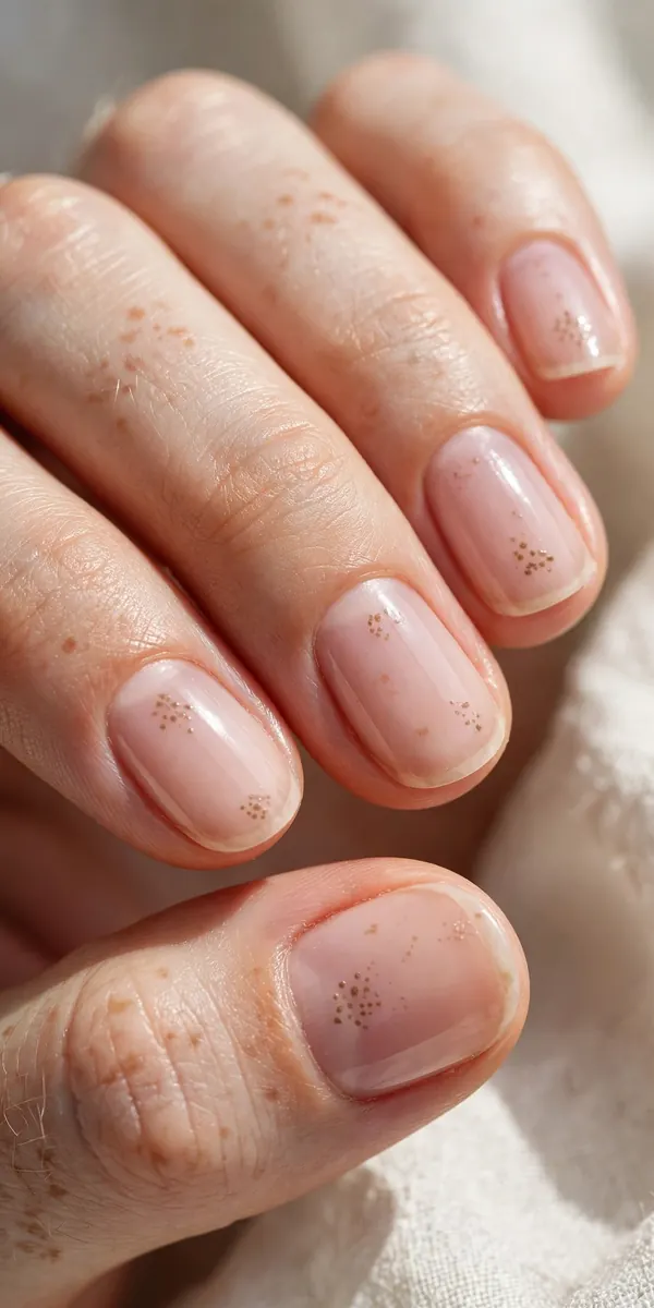 Micro bambi nails — tiny freckle-like dots on sheer pink