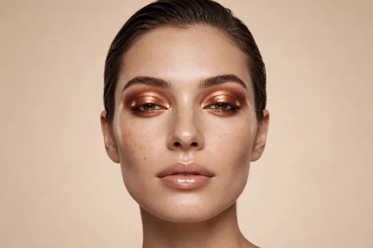 Molten copper foiled eyeshadow fall 2026 look with liquid-metal copper lids, warm brown crease and glossy nude lips