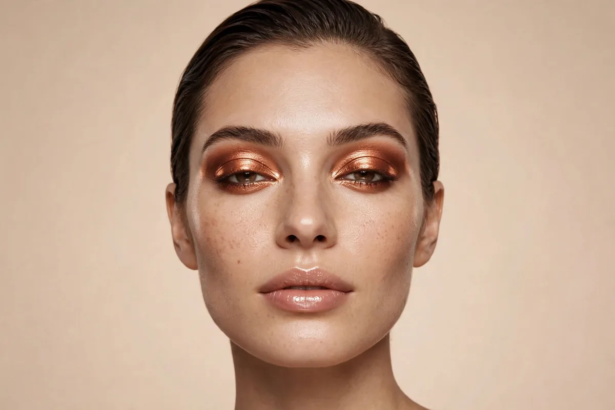 Molten copper foiled eyeshadow fall 2026 look with liquid-metal copper lids, warm brown crease and glossy nude lips
