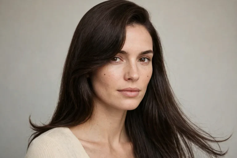 Featured photo of a woman with a polished deep side part blowout and long dark brown side-swept hair