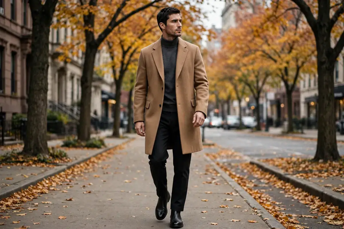 Men's fall outfits 2026 editorial inspiration, man in a camel wool overcoat on an autumn city street