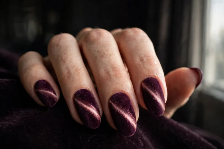 Velvet nail designs fall 2026 editorial, deep plum magnetic velvet manicure close-up