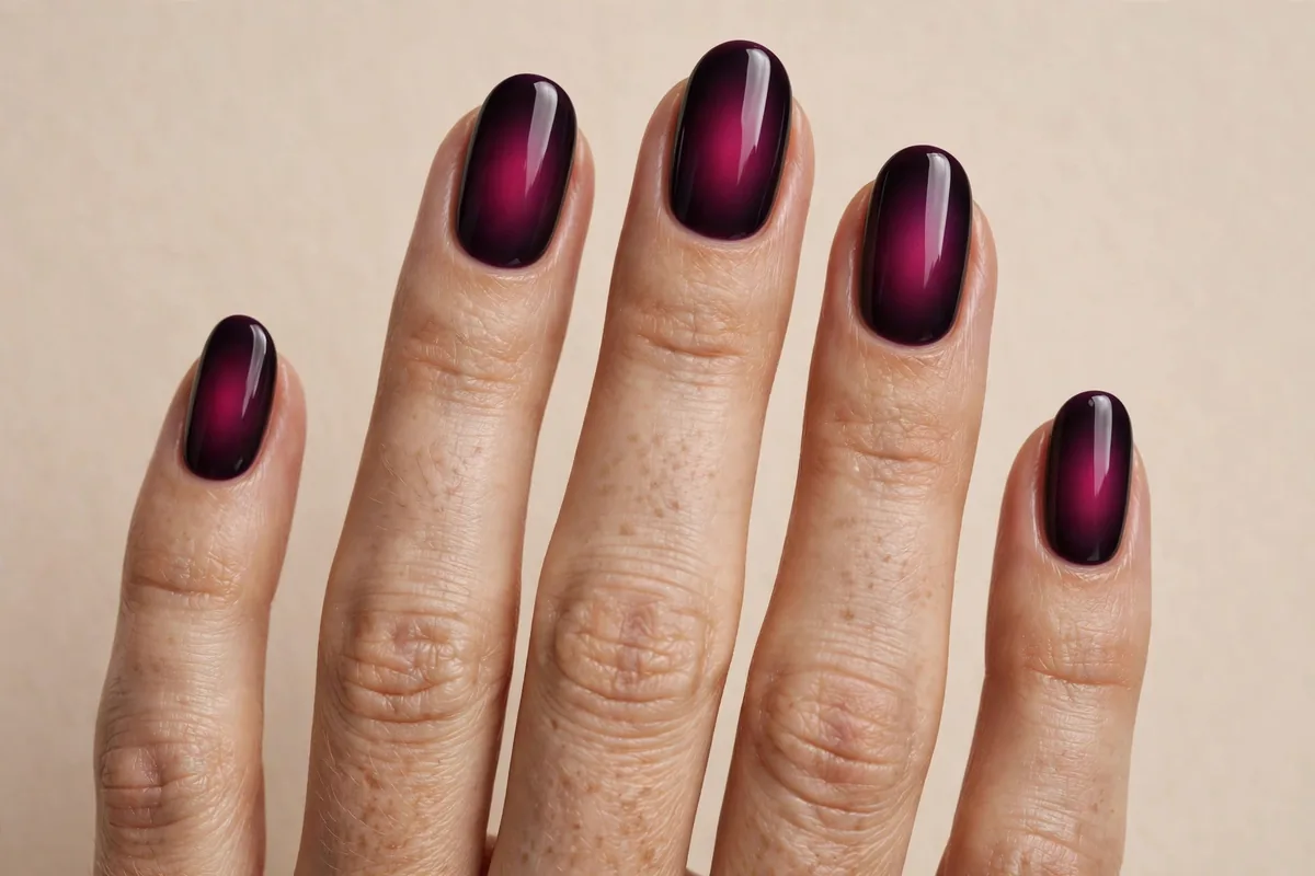 Dark plum aura nails with glowing burgundy center, glossy gel finish — 12 aura nail designs for fall 2026