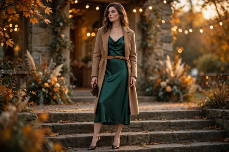 Woman in emerald satin slip dress and camel coat at an autumn wedding venue, 12 fall wedding guest outfits for 2026