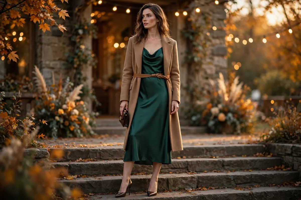 Woman in emerald satin slip dress and camel coat at an autumn wedding venue, 12 fall wedding guest outfits for 2026