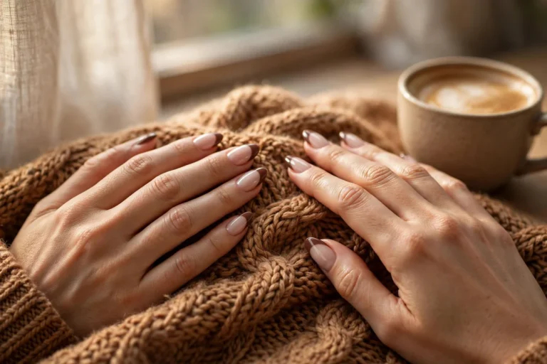 Hands with chocolate brown French tip nails on a caramel knit sweater — French tip nail designs fall 2026