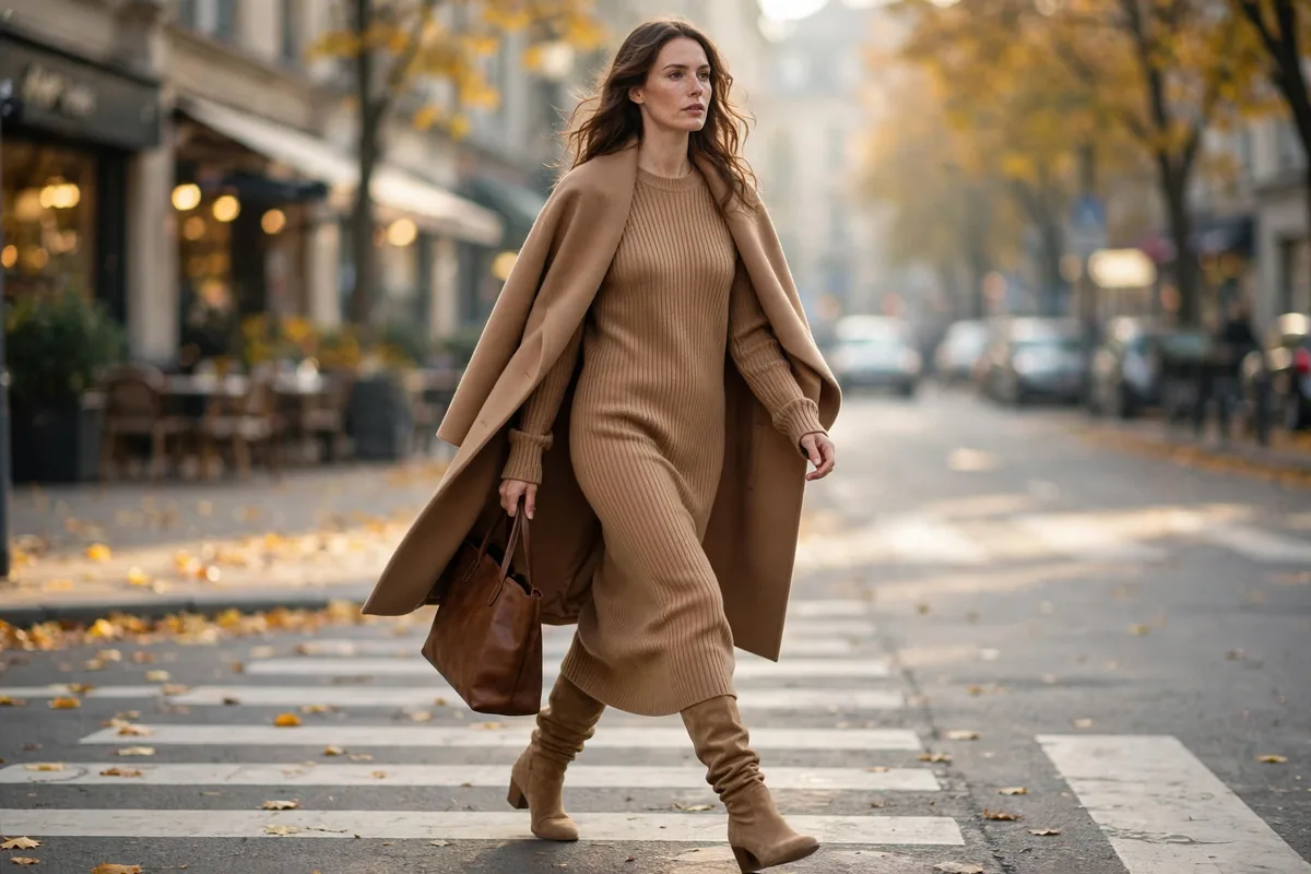 Woman in camel ribbed knit midi dress and tan slouchy suede knee-high boots crossing an autumn street — 12 knee high boots outfits for fall 2026