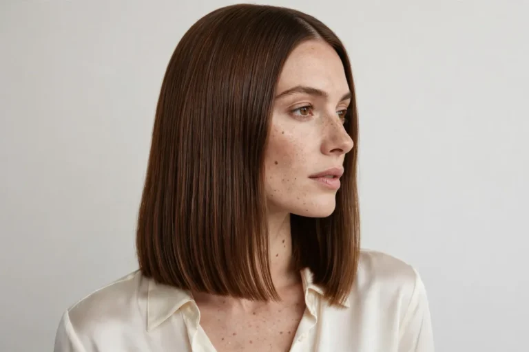 Woman with a polished collarbone-grazing lob haircut, cream silk blouse - lob haircuts trending in 2026