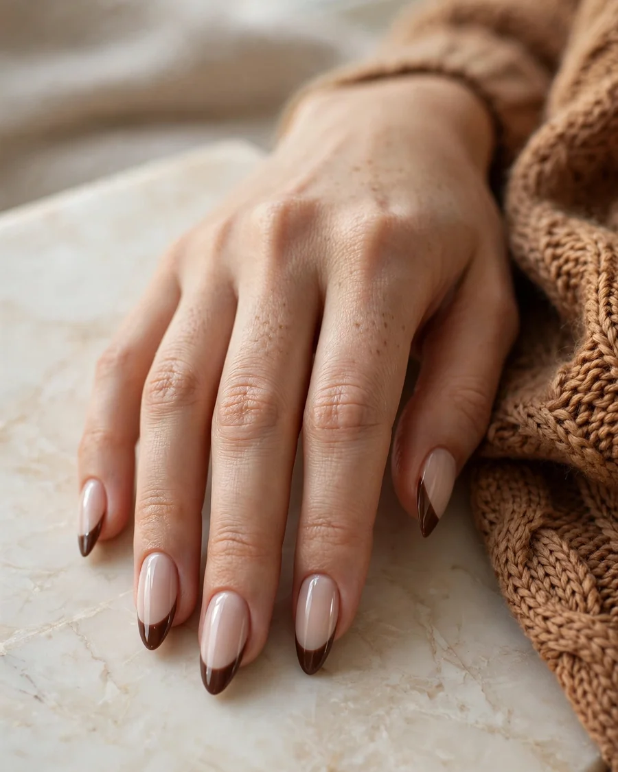 Chocolate brown French tips on milky nude almond nails