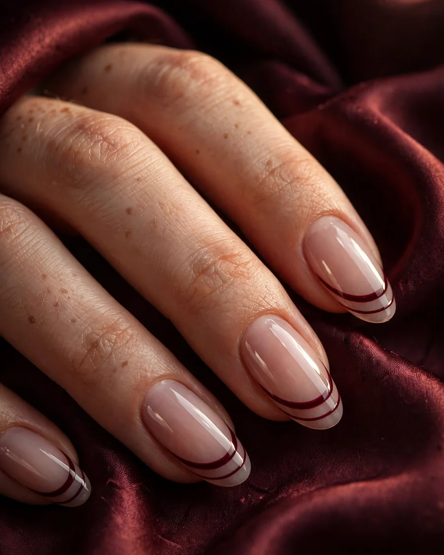 Burgundy double French manicure with twin wine-colored tip lines