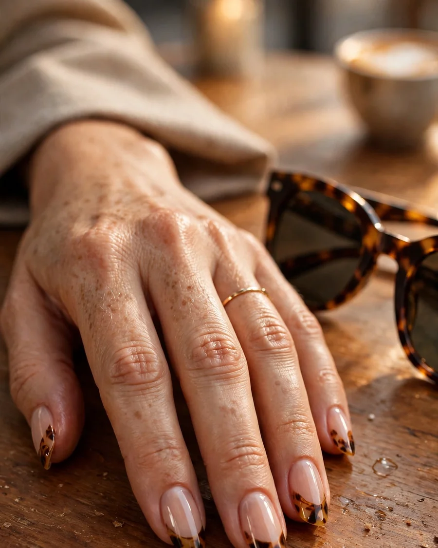 Tortoiseshell French tip nails in amber and espresso swirls
