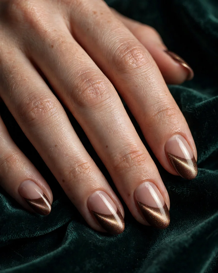 Velvet cat-eye French tips in cocoa with magnetic shimmer
