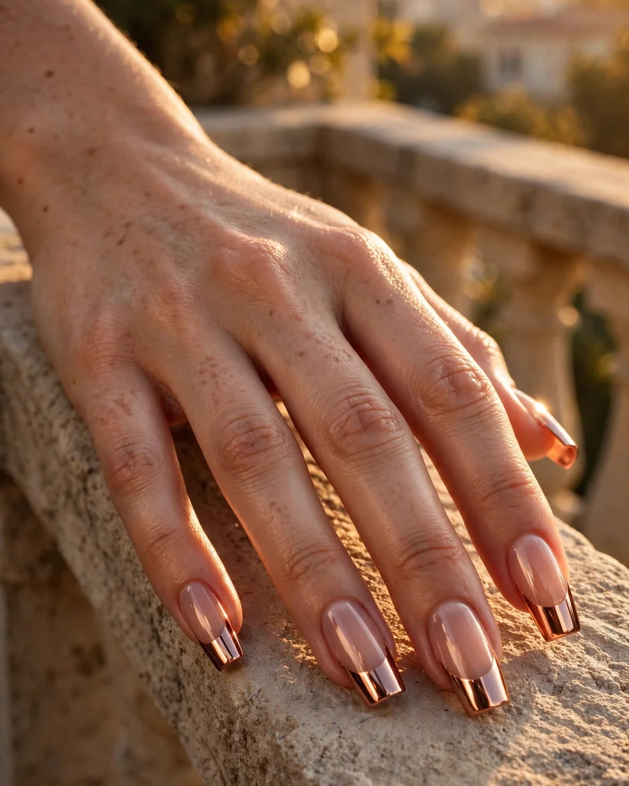 Copper chrome French tip nails catching golden hour light