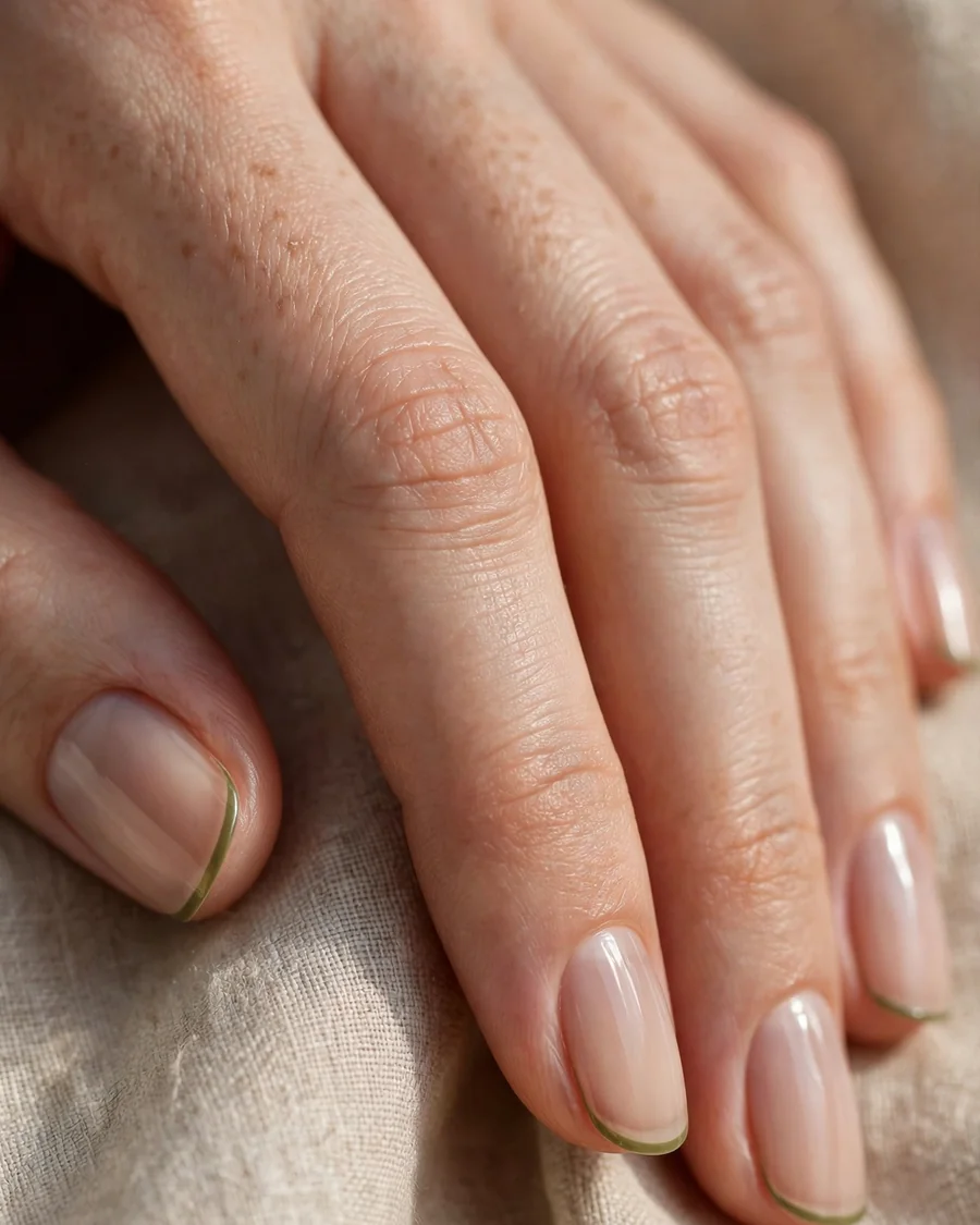 Olive green micro French manicure with ultra-thin tip line