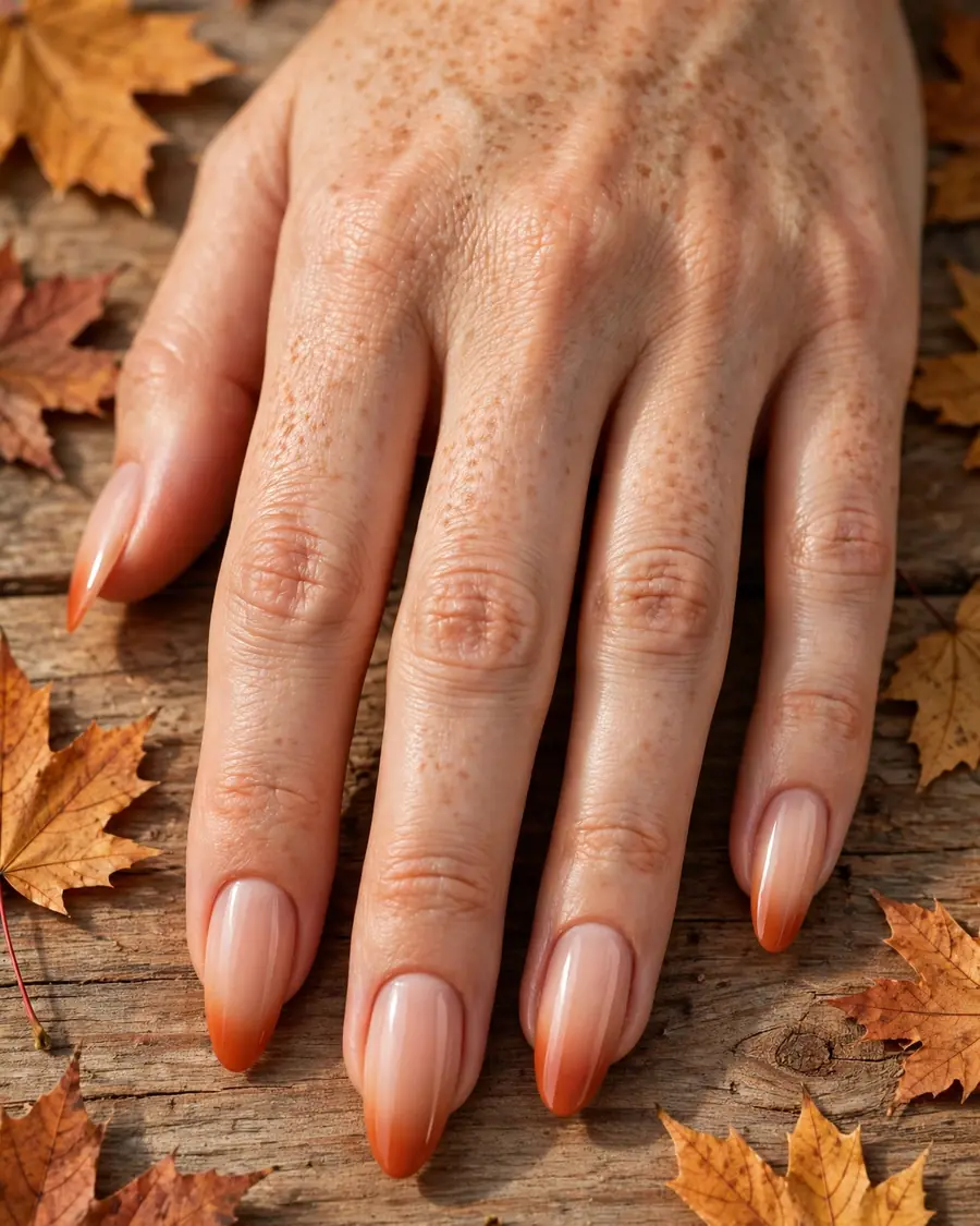 Burnt orange aura French tips with soft airbrushed gradient