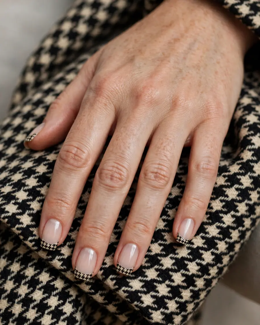 Houndstooth French tip nails in black and cream check pattern